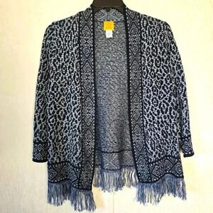 Ruby Rd Womens Large Leopard Fringe Blue Metallic Silver Thread Cardigan Sweater